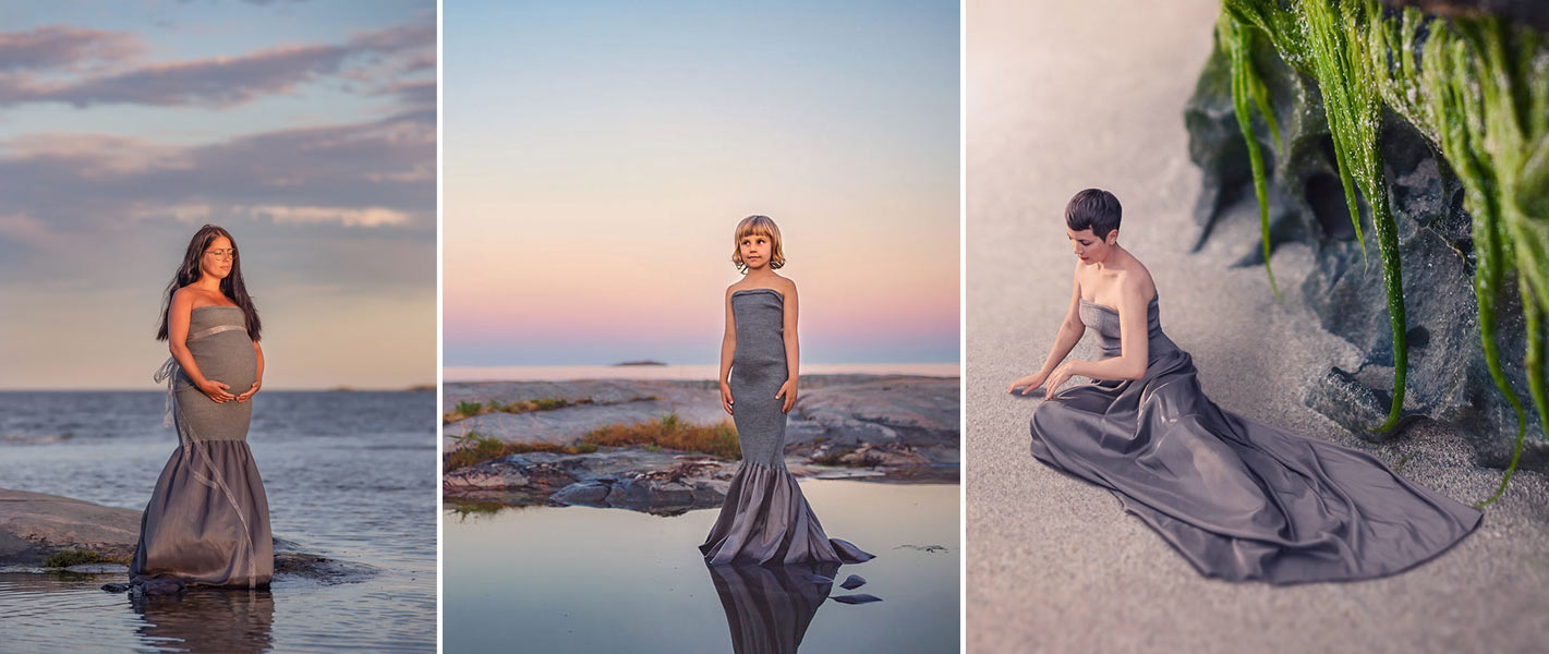 Tre bilder i en. På alla bilder används samma klänning, först på en gravid kvinna, sedan en sjuåring och sedan en kvinna.